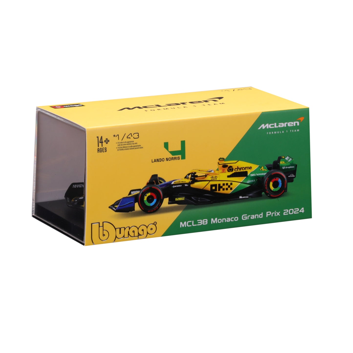 McLaren F1 MCL38 Lando Norris #4 GP Monaco 2024 Senna 30th Anniversary Livery 1:43 with driver and display case